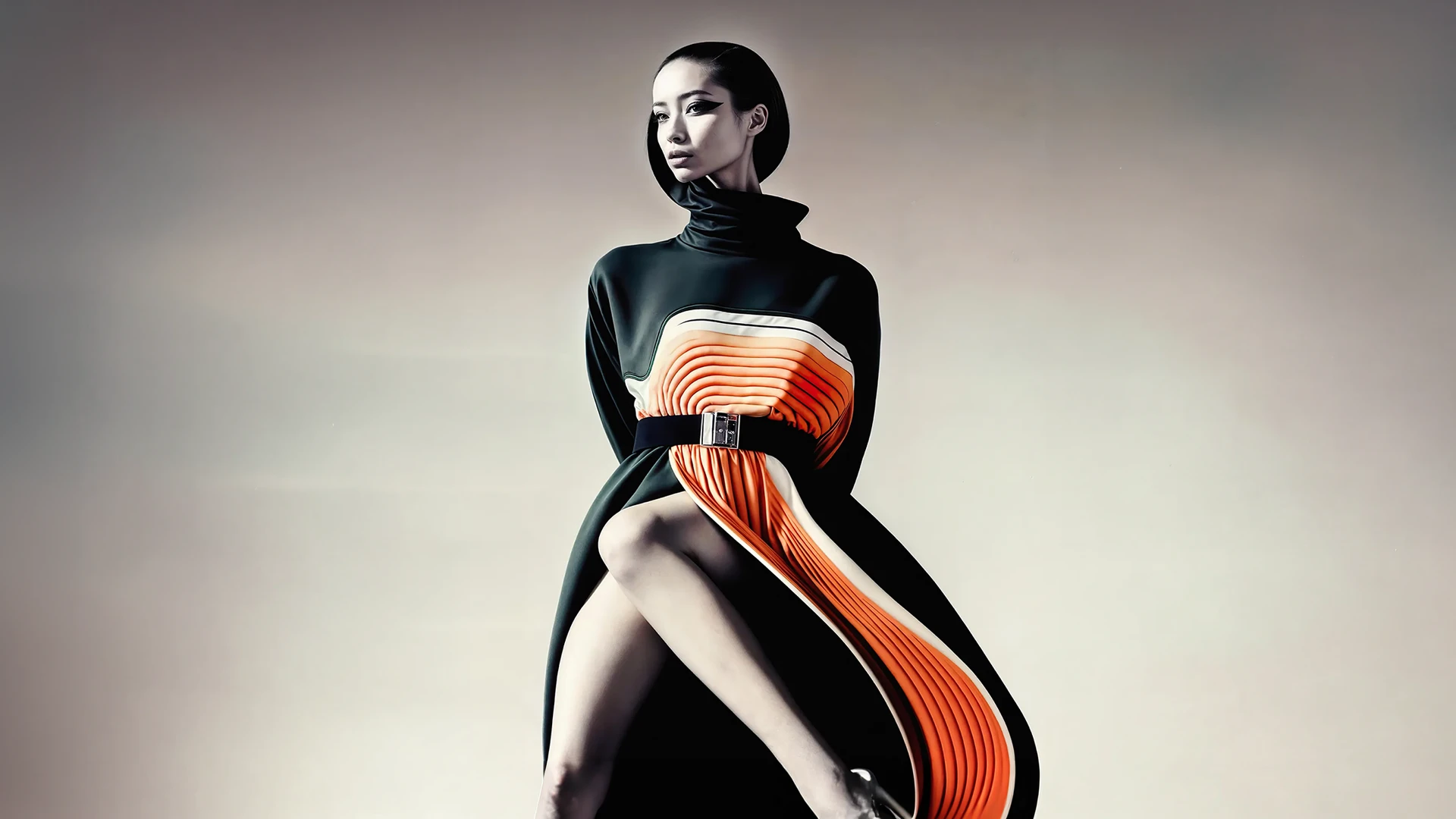 Nature is Chic Look 04 — High-neck, longline forest-charcoal column
                gown featuring an architectural central bodice and front apron with concentric, fluted accordion
                pleats in vibrant terracotta, cream, and olive. Cinched at the natural waist with a graphic black belt
                and industrial metal buckle, styled with a sculpted asymmetric bob hairstyle and graphic feline
                eyeliner.