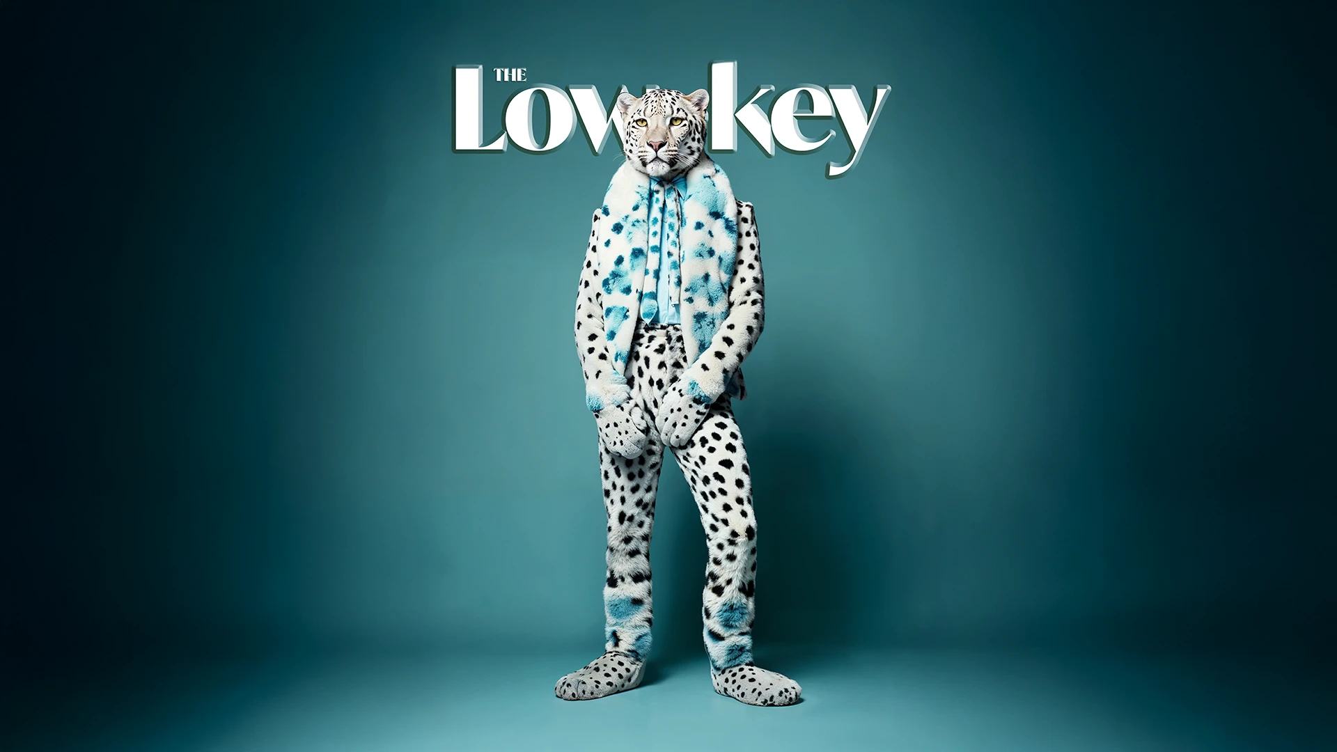 Photorealistic illustration of a snow leopard in understated, refined fashion styling, conveying calm confidence and quiet elegance in the Fun-tastic Beasts series.