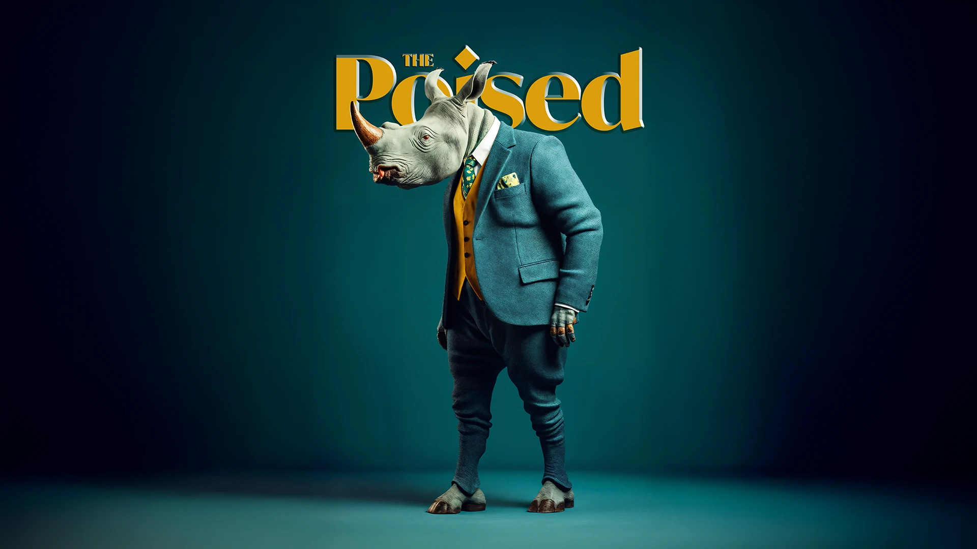 Photorealistic portrait of a poised rhinoceros dressed in refined, minimalist fashion, balancing power and elegance in the Fun-tastic Beasts series.