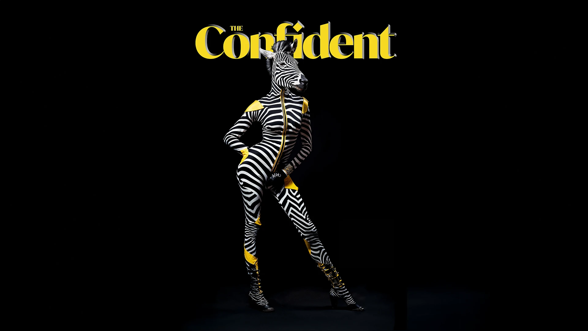 Photorealistic portrait of a self-confident zebra dressed in tailored high-fashion clothing, blending animal anatomy with elegant human styling in the Fun-tastic Beasts series.