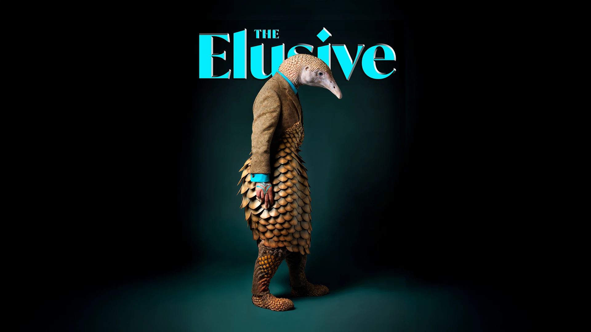 Photorealistic illustration of a powerful pangolin styled in structured, fashion-forward garments, emphasising strength, texture, and form in the Fun-tastic Beasts series.