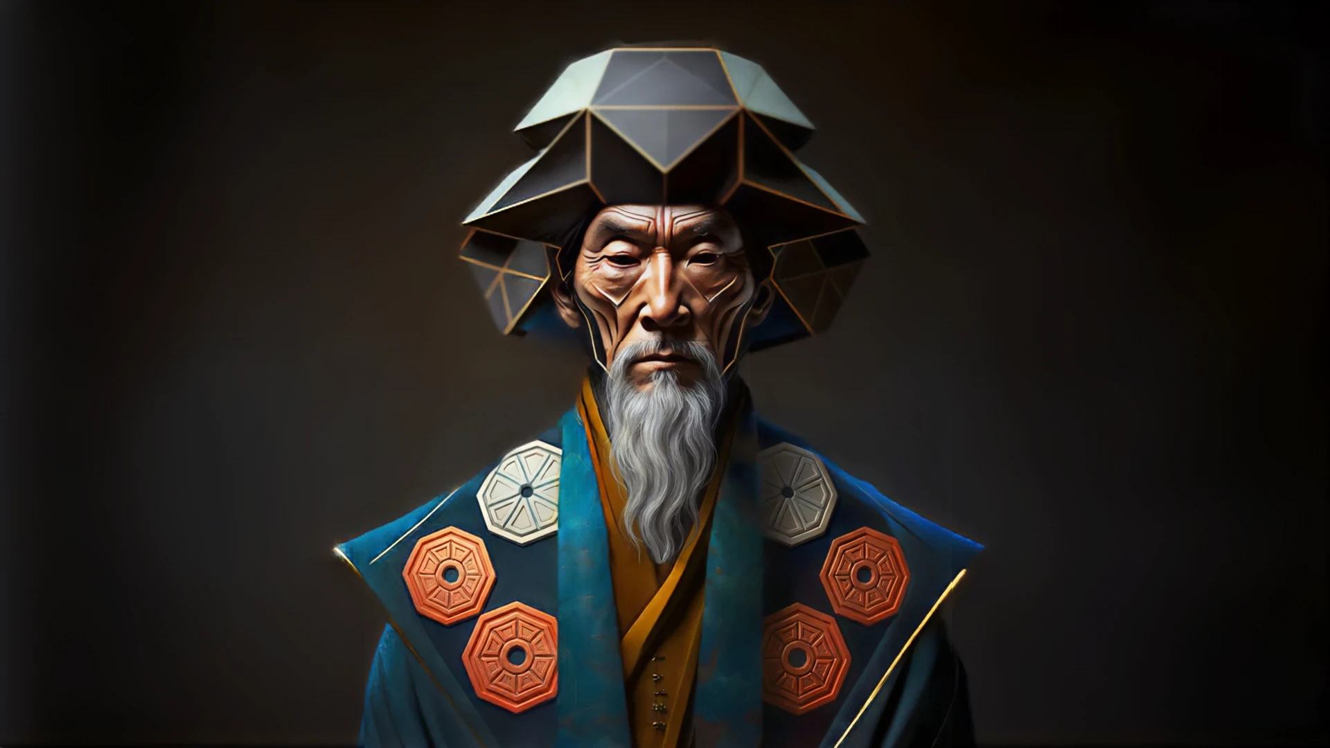 Surreal digital portrait of an elderly man with a long white beard wearing a geometric, architectural headpiece and ceremonial robe with hexagonal motifs, rendered in a painterly, futuristic style.