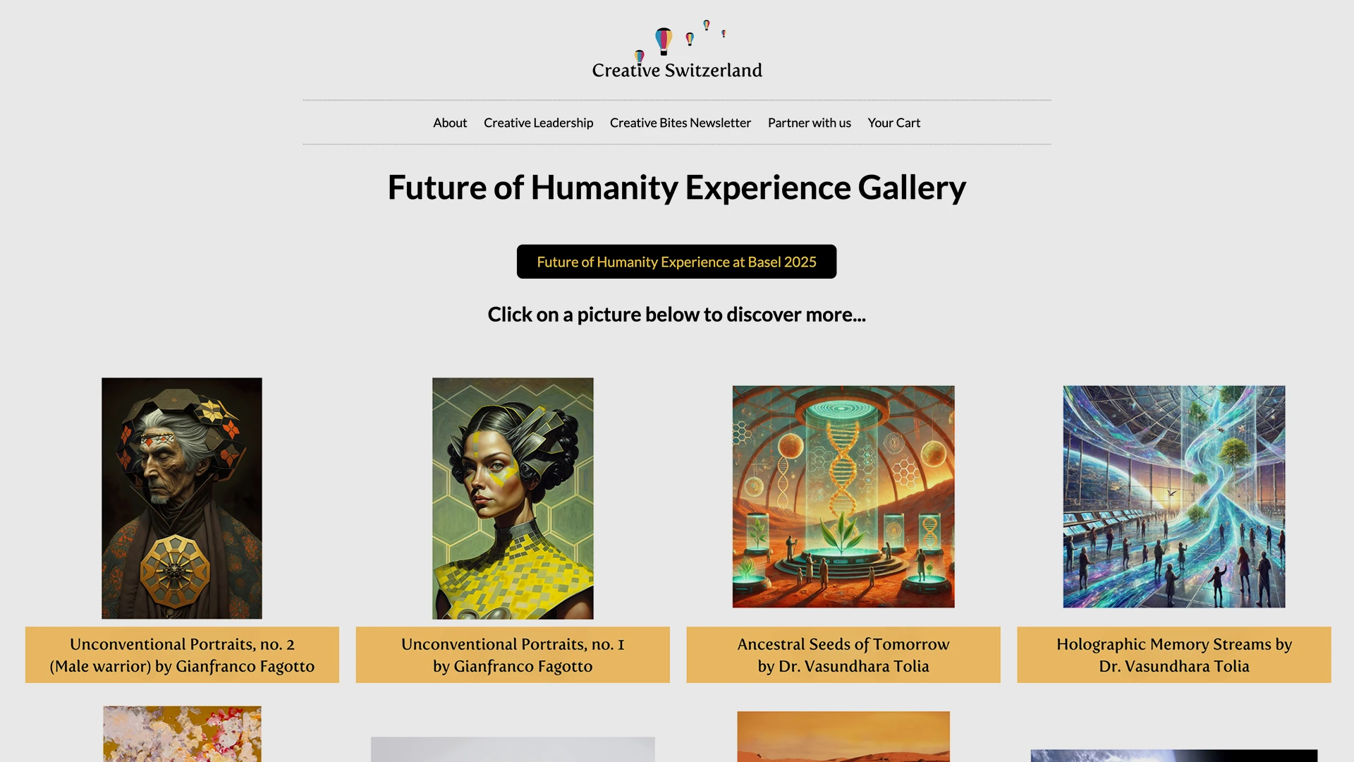 Screenshot of the Creative Switzerland “Future of Humanity Experience” gallery page featuring selected artworks by Gianfranco Fagotto and other artists, presented in a grid layout