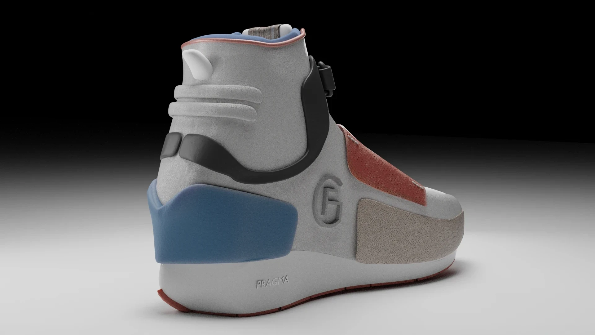 Pragma footwear concept rear three-quarter view highlighting heel structure and construction