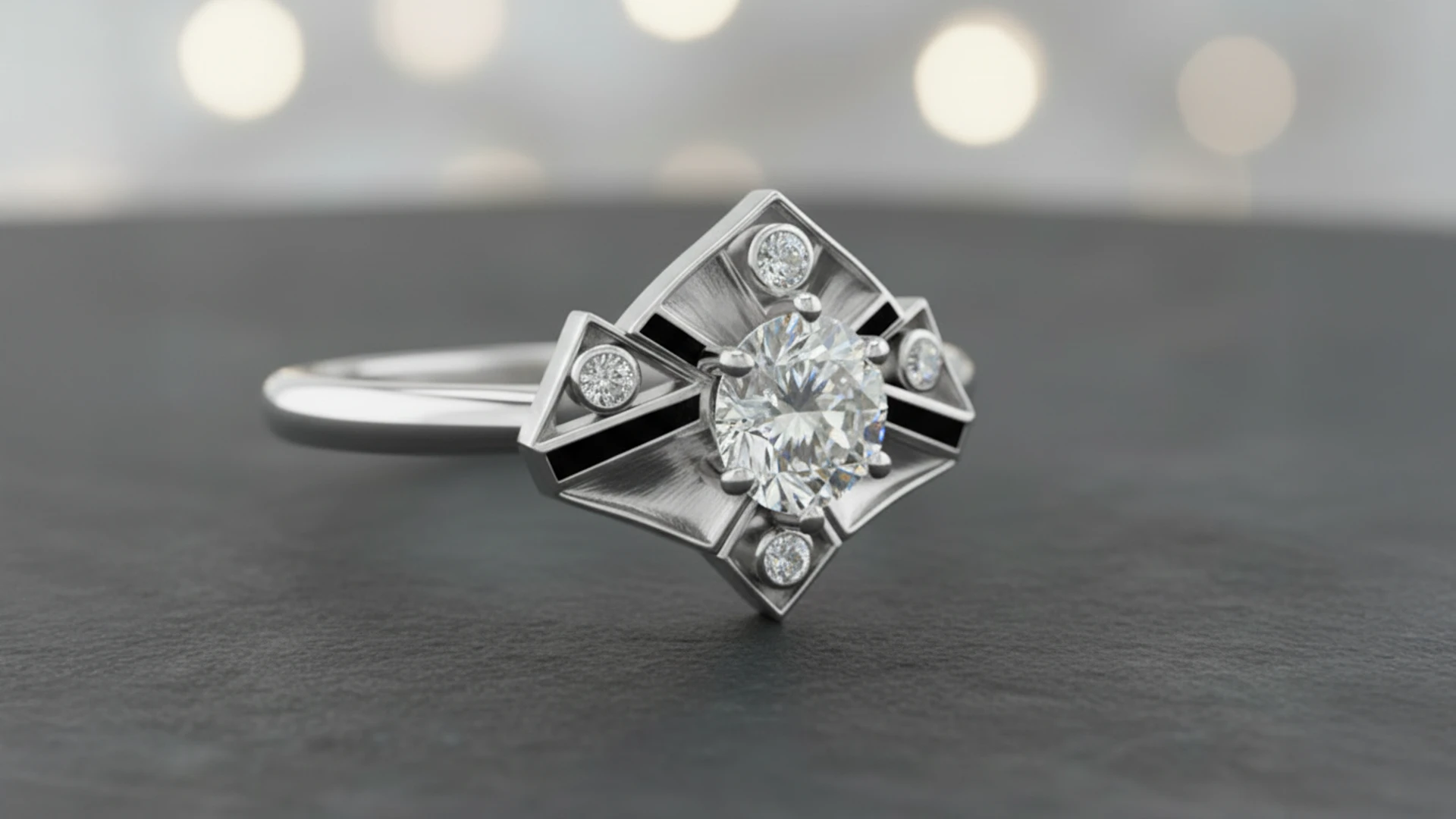 Sub rosa Redouté engagement ring — three-quarter angle showing diamond setting and sculpted petals