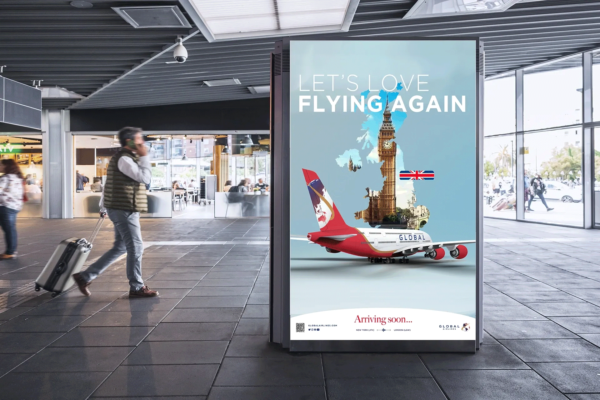 Global Airlines outdoor billboard campaign in an urban setting, featuring a branded aircraft flying over New York with the headline “Let’s Love Flying Again”.